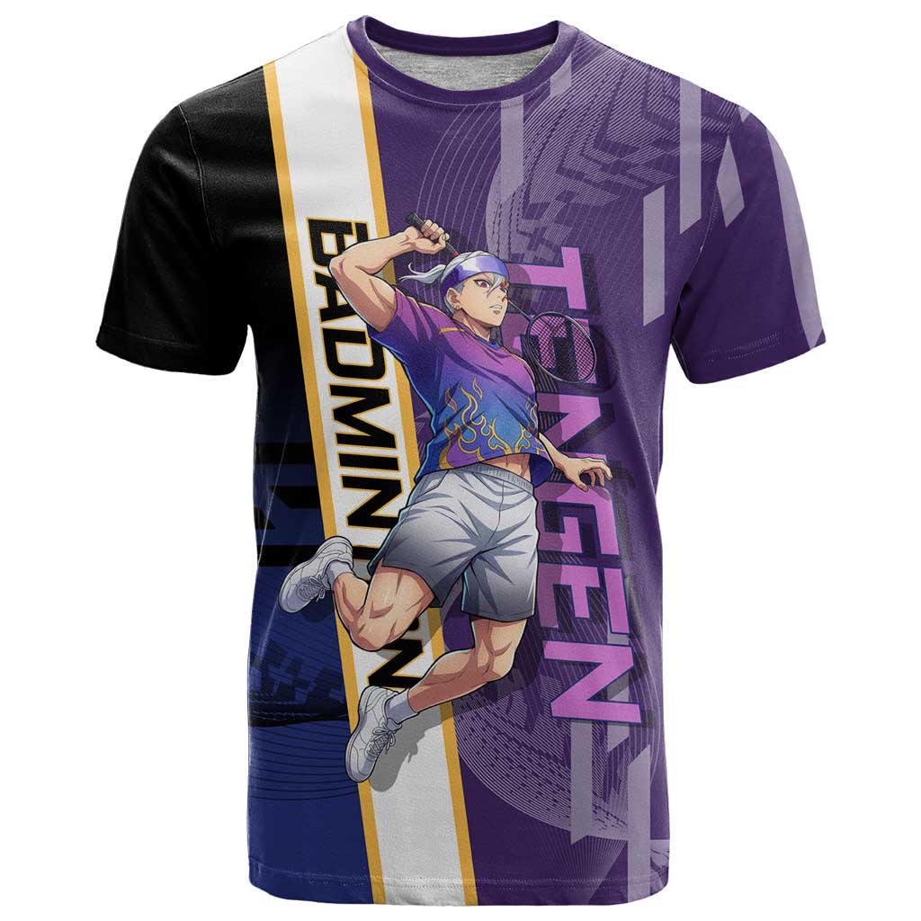 Personalized Tengen Uzui Demon Slayer Badminton T Shirt with Racket Action Pose and Purple Black Graphic Design - The Mazicc
