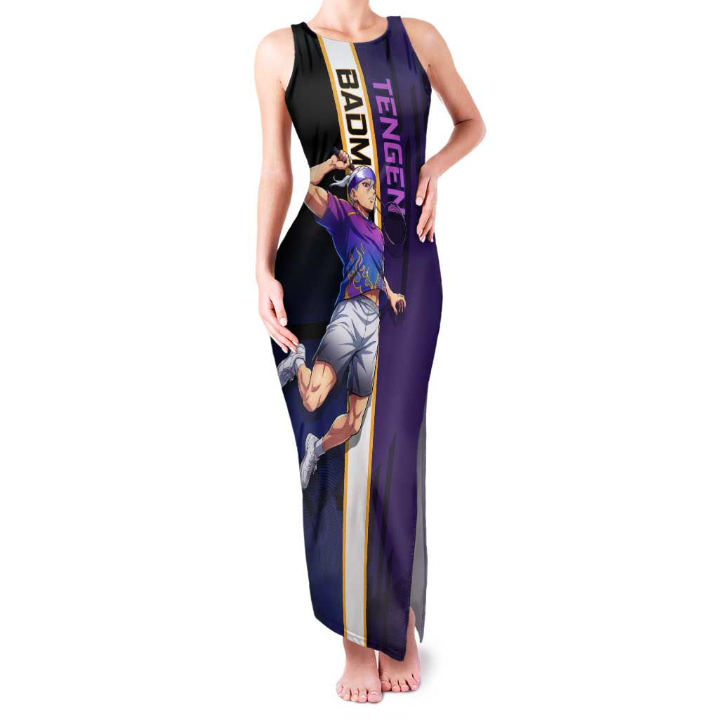Personalized Tengen Uzui Demon Slayer Badminton Tank Maxi Dress with Racket Action Pose and Purple Black Graphic Design - The Mazicc