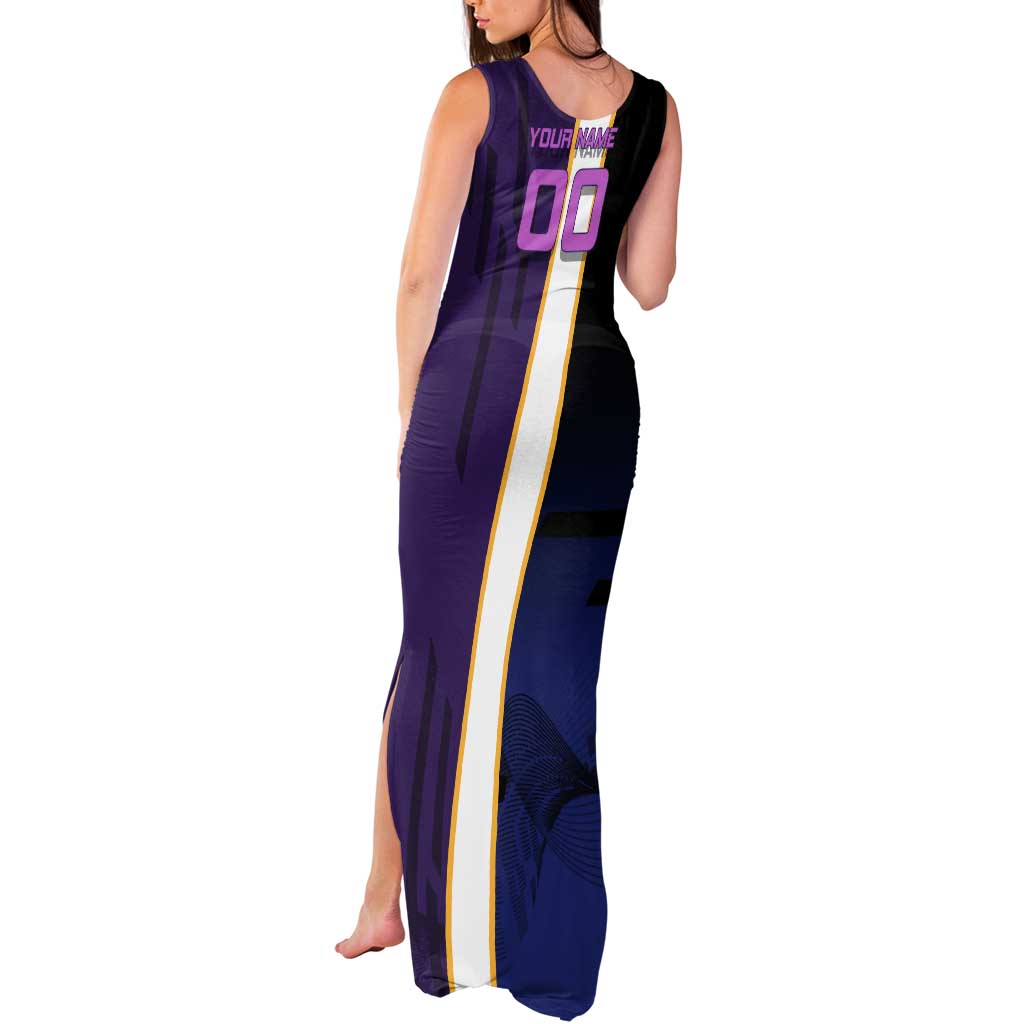 Personalized Tengen Uzui Demon Slayer Badminton Tank Maxi Dress with Racket Action Pose and Purple Black Graphic Design - The Mazicc