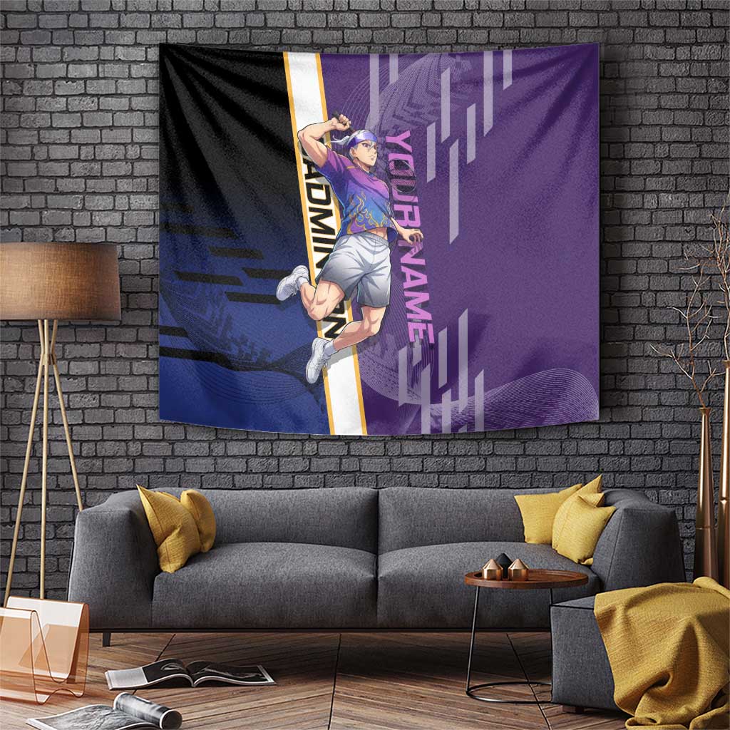Personalized Tengen Uzui Demon Slayer Badminton Tapestry with Racket Action Pose and Purple Black Graphic Design - The Mazicc