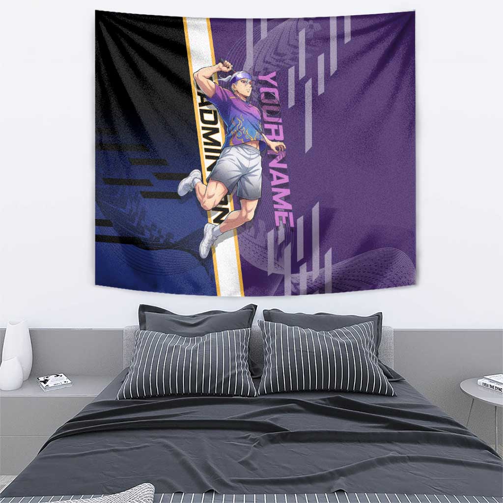Personalized Tengen Uzui Demon Slayer Badminton Tapestry with Racket Action Pose and Purple Black Graphic Design - The Mazicc