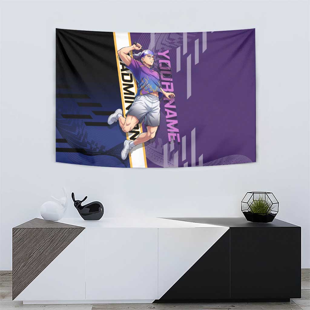 Personalized Tengen Uzui Demon Slayer Badminton Tapestry with Racket Action Pose and Purple Black Graphic Design - The Mazicc