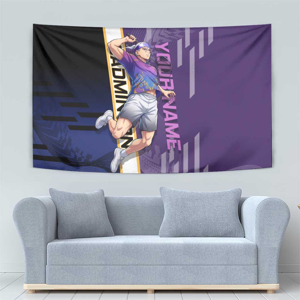Personalized Tengen Uzui Demon Slayer Badminton Tapestry with Racket Action Pose and Purple Black Graphic Design - The Mazicc