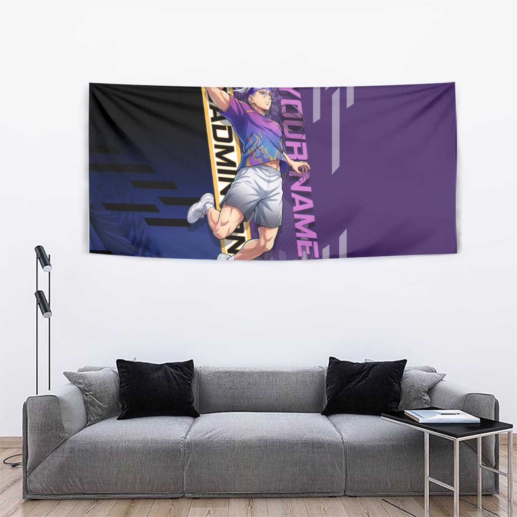Personalized Tengen Uzui Demon Slayer Badminton Tapestry with Racket Action Pose and Purple Black Graphic Design - The Mazicc