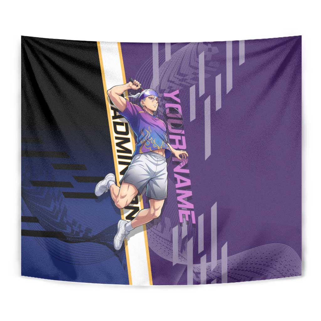 Personalized Tengen Uzui Demon Slayer Badminton Tapestry with Racket Action Pose and Purple Black Graphic Design - The Mazicc
