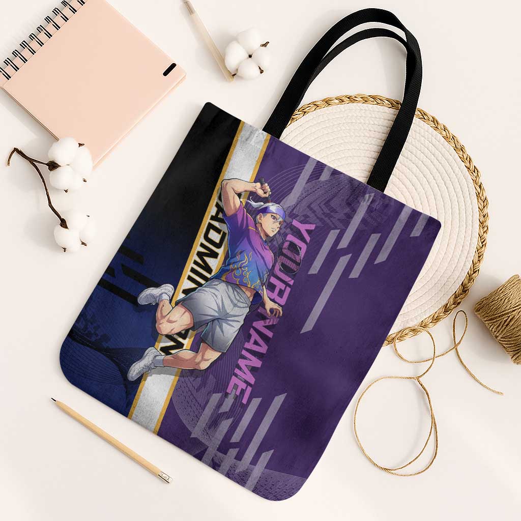 Personalized Tengen Uzui Demon Slayer Badminton Tote Bag with Racket Action Pose and Purple Black Graphic Design - The Mazicc