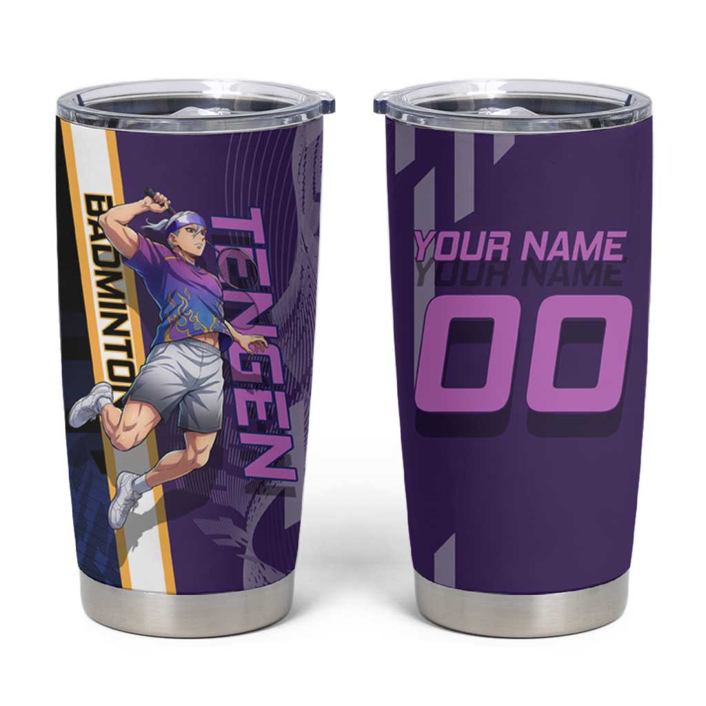 Personalized Tengen Uzui Demon Slayer Badminton Tumbler Cup with Racket Action Pose and Purple Black Graphic Design - The Mazicc
