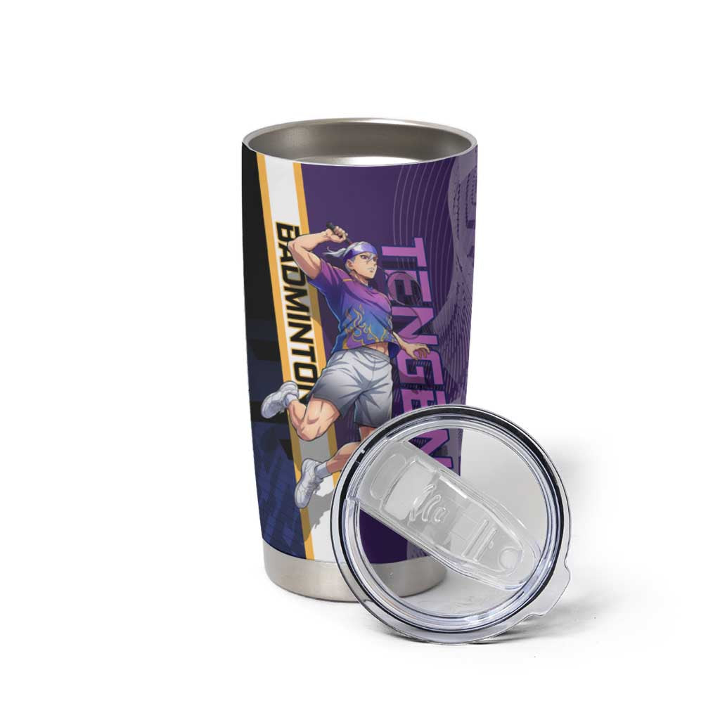 Personalized Tengen Uzui Demon Slayer Badminton Tumbler Cup with Racket Action Pose and Purple Black Graphic Design - The Mazicc
