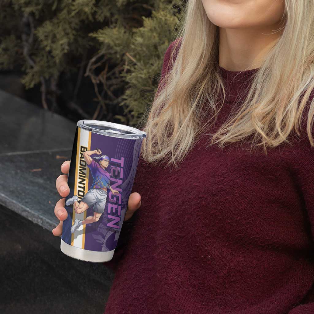 Personalized Tengen Uzui Demon Slayer Badminton Tumbler Cup with Racket Action Pose and Purple Black Graphic Design - The Mazicc