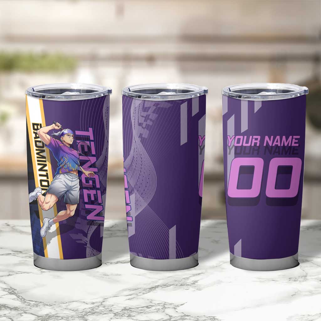 Personalized Tengen Uzui Demon Slayer Badminton Tumbler Cup with Racket Action Pose and Purple Black Graphic Design - The Mazicc