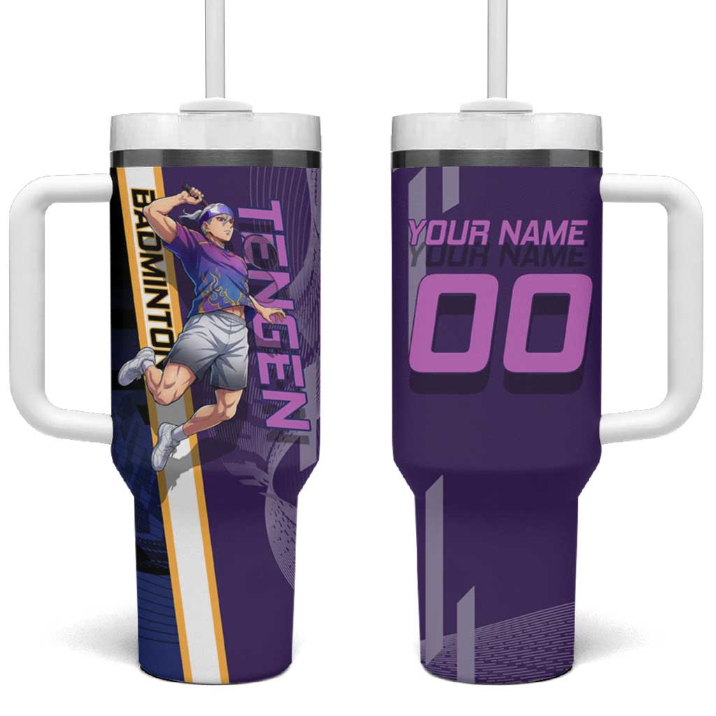 Personalized Tengen Uzui Demon Slayer Badminton Tumbler With Handle with Racket Action Pose and Purple Black Graphic Design - The Mazicc