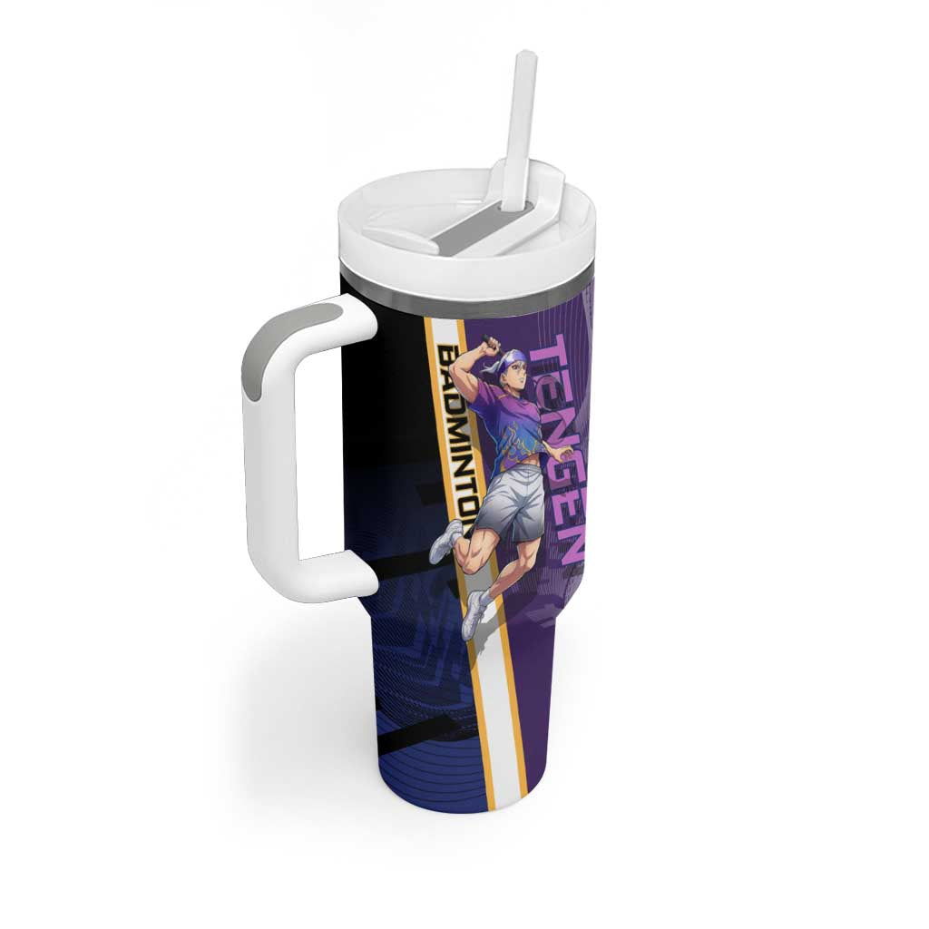 Personalized Tengen Uzui Demon Slayer Badminton Tumbler With Handle with Racket Action Pose and Purple Black Graphic Design - The Mazicc