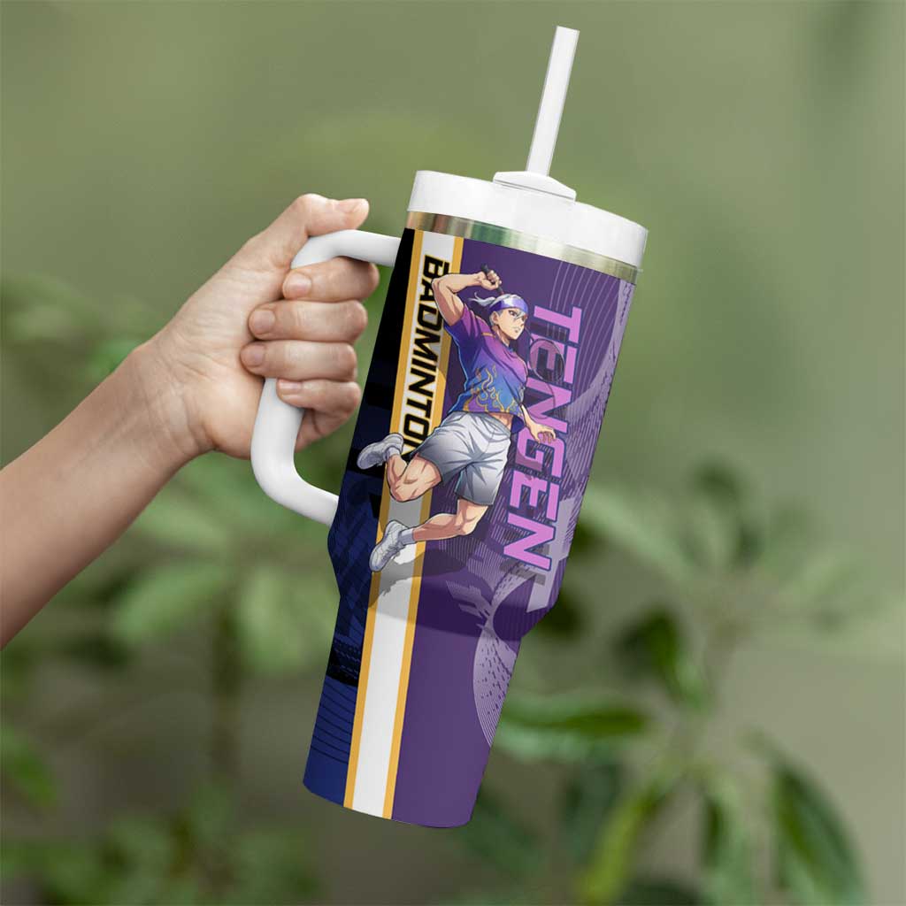 Personalized Tengen Uzui Demon Slayer Badminton Tumbler With Handle with Racket Action Pose and Purple Black Graphic Design - The Mazicc