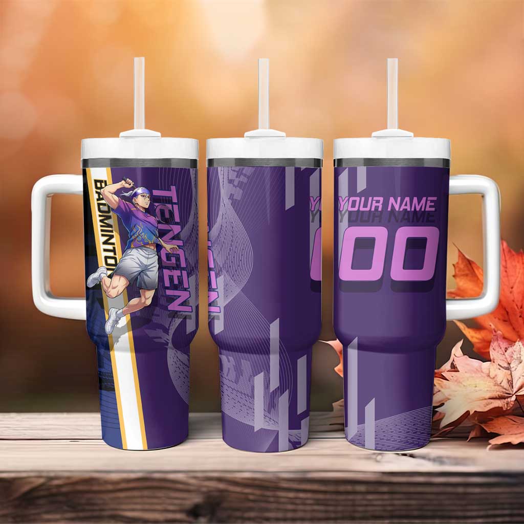 Personalized Tengen Uzui Demon Slayer Badminton Tumbler With Handle with Racket Action Pose and Purple Black Graphic Design - The Mazicc