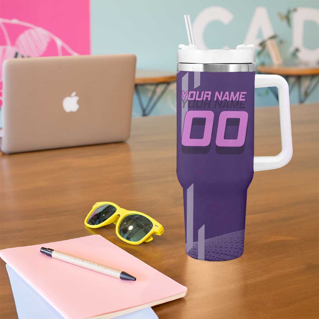 Personalized Tengen Uzui Demon Slayer Badminton Tumbler With Handle with Racket Action Pose and Purple Black Graphic Design - The Mazicc