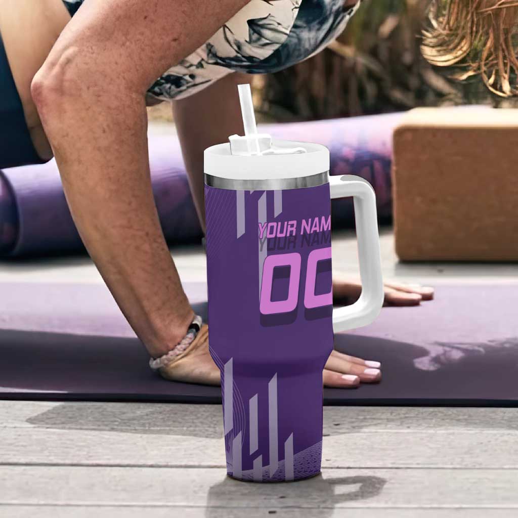 Personalized Tengen Uzui Demon Slayer Badminton Tumbler With Handle with Racket Action Pose and Purple Black Graphic Design - The Mazicc