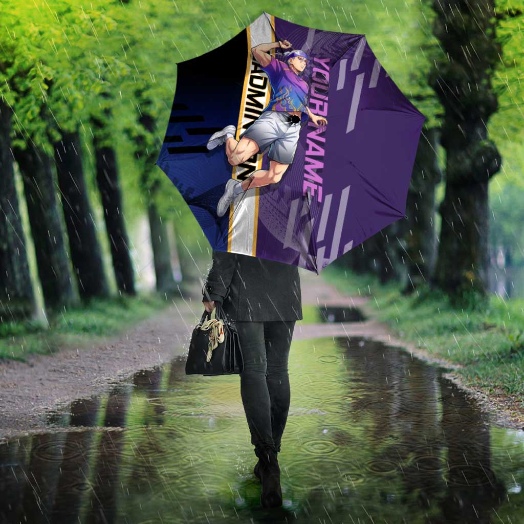 Personalized Tengen Uzui Demon Slayer Badminton Umbrella with Racket Action Pose and Purple Black Graphic Design - The Mazicc