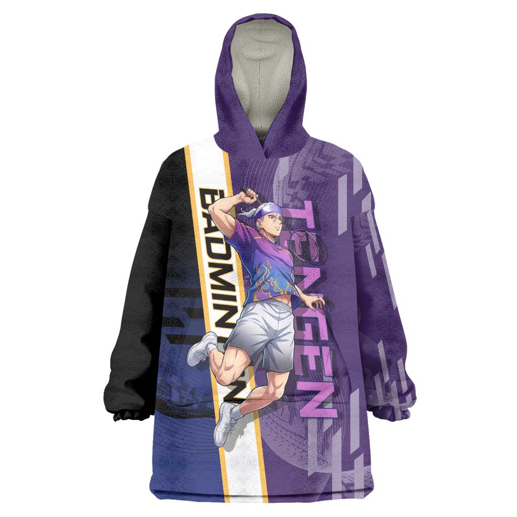Personalized Tengen Uzui Demon Slayer Badminton Wearable Blanket Hoodie with Racket Action Pose and Purple Black Graphic Design - The Mazicc