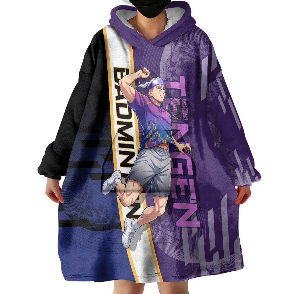 Personalized Tengen Uzui Demon Slayer Badminton Wearable Blanket Hoodie with Racket Action Pose and Purple Black Graphic Design - The Mazicc