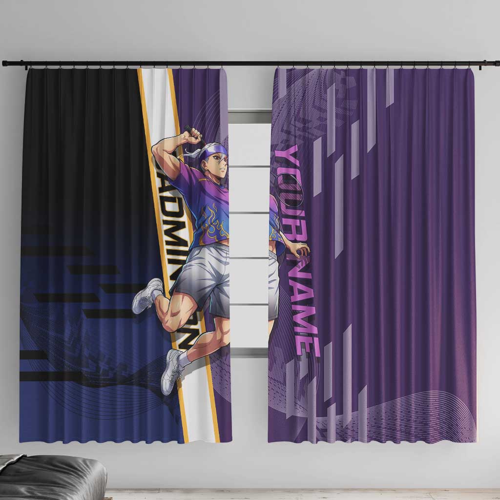 Personalized Tengen Uzui Demon Slayer Badminton Window Curtain with Racket Action Pose and Purple Black Graphic Design - The Mazicc