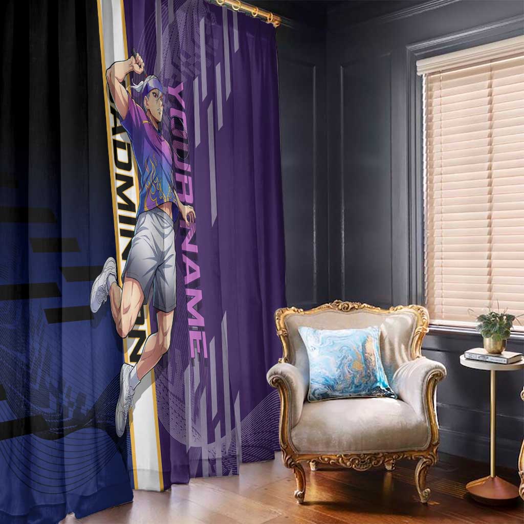 Personalized Tengen Uzui Demon Slayer Badminton Window Curtain with Racket Action Pose and Purple Black Graphic Design - The Mazicc