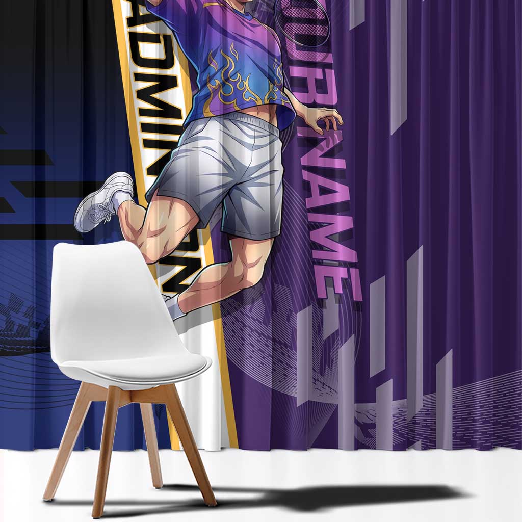 Personalized Tengen Uzui Demon Slayer Badminton Window Curtain with Racket Action Pose and Purple Black Graphic Design - The Mazicc