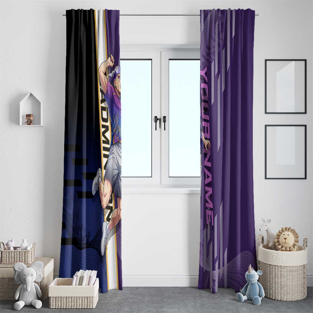 Personalized Tengen Uzui Demon Slayer Badminton Window Curtain with Racket Action Pose and Purple Black Graphic Design - The Mazicc