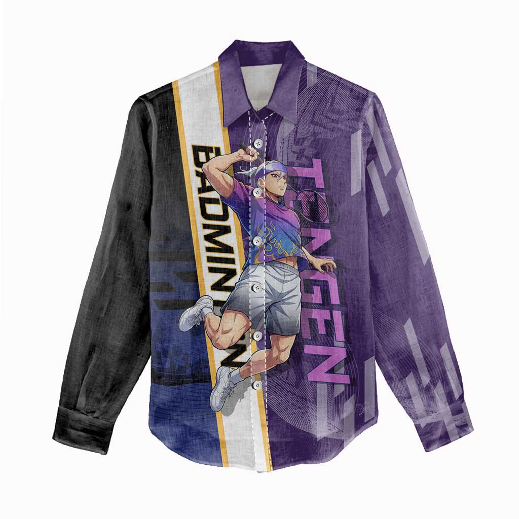 Personalized Tengen Uzui Demon Slayer Badminton Women Casual Shirt with Racket Action Pose and Purple Black Graphic Design - The Mazicc