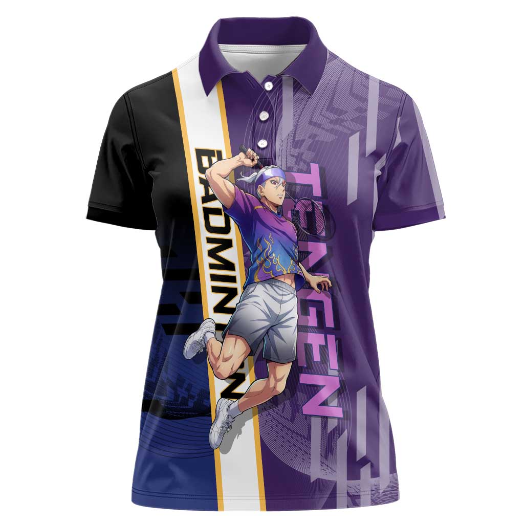 Personalized Tengen Uzui Demon Slayer Badminton Women Polo Shirt with Racket Action Pose and Purple Black Graphic Design - The Mazicc
