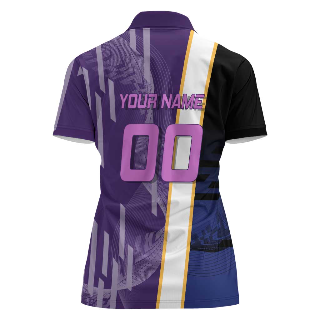 Personalized Tengen Uzui Demon Slayer Badminton Women Polo Shirt with Racket Action Pose and Purple Black Graphic Design - The Mazicc