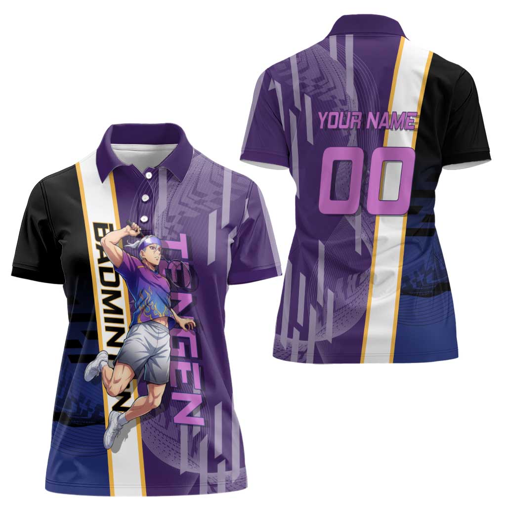 Personalized Tengen Uzui Demon Slayer Badminton Women Polo Shirt with Racket Action Pose and Purple Black Graphic Design - The Mazicc