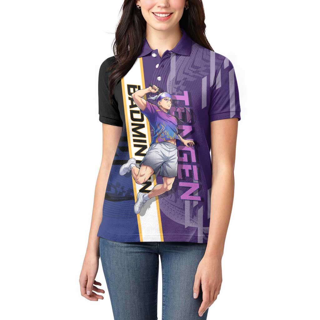 Personalized Tengen Uzui Demon Slayer Badminton Women Polo Shirt with Racket Action Pose and Purple Black Graphic Design - The Mazicc