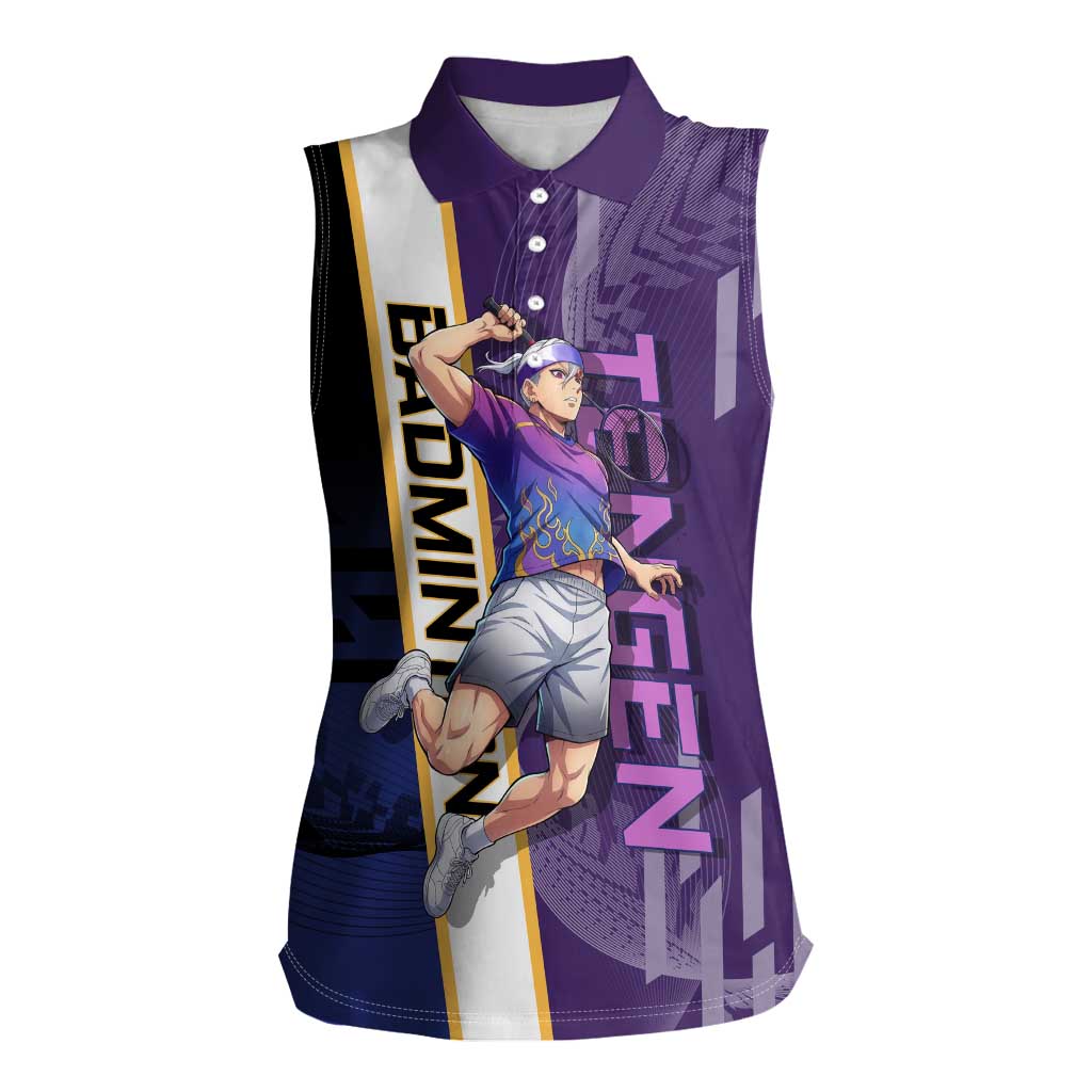 Personalized Tengen Uzui Demon Slayer Badminton Women Sleeveless Polo Shirt with Racket Action Pose and Purple Black Graphic Design - The Mazicc