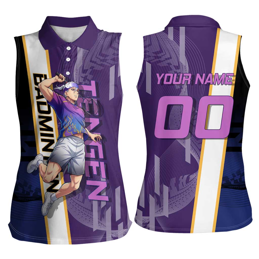Personalized Tengen Uzui Demon Slayer Badminton Women Sleeveless Polo Shirt with Racket Action Pose and Purple Black Graphic Design - The Mazicc