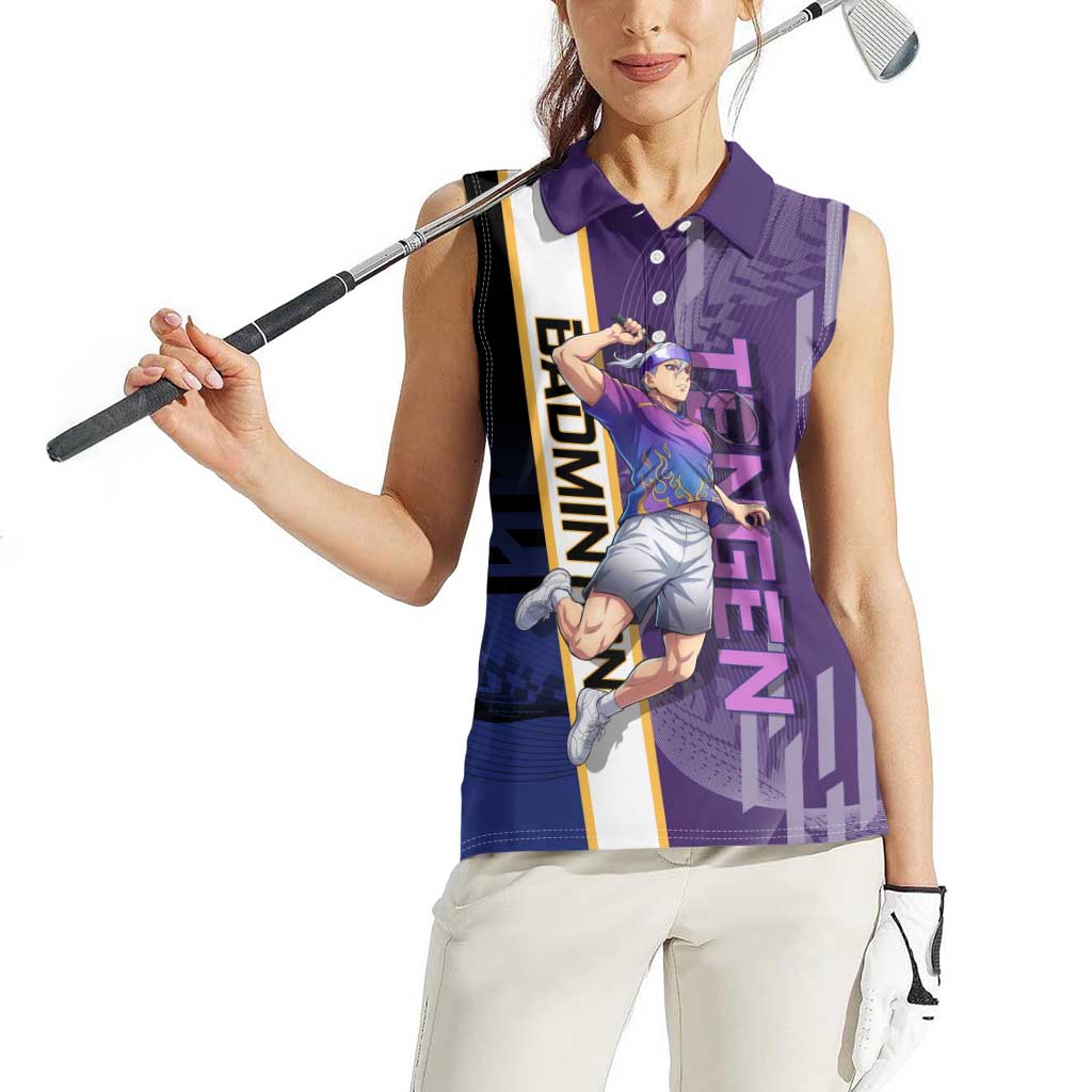 Personalized Tengen Uzui Demon Slayer Badminton Women Sleeveless Polo Shirt with Racket Action Pose and Purple Black Graphic Design - The Mazicc