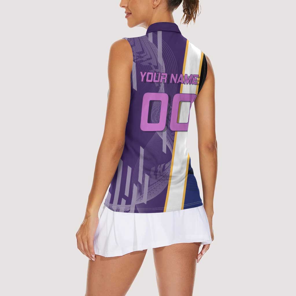 Personalized Tengen Uzui Demon Slayer Badminton Women Sleeveless Polo Shirt with Racket Action Pose and Purple Black Graphic Design - The Mazicc