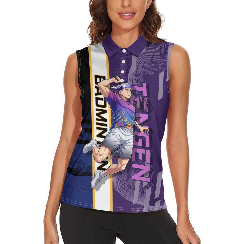 Personalized Tengen Uzui Demon Slayer Badminton Women Sleeveless Polo Shirt with Racket Action Pose and Purple Black Graphic Design - The Mazicc