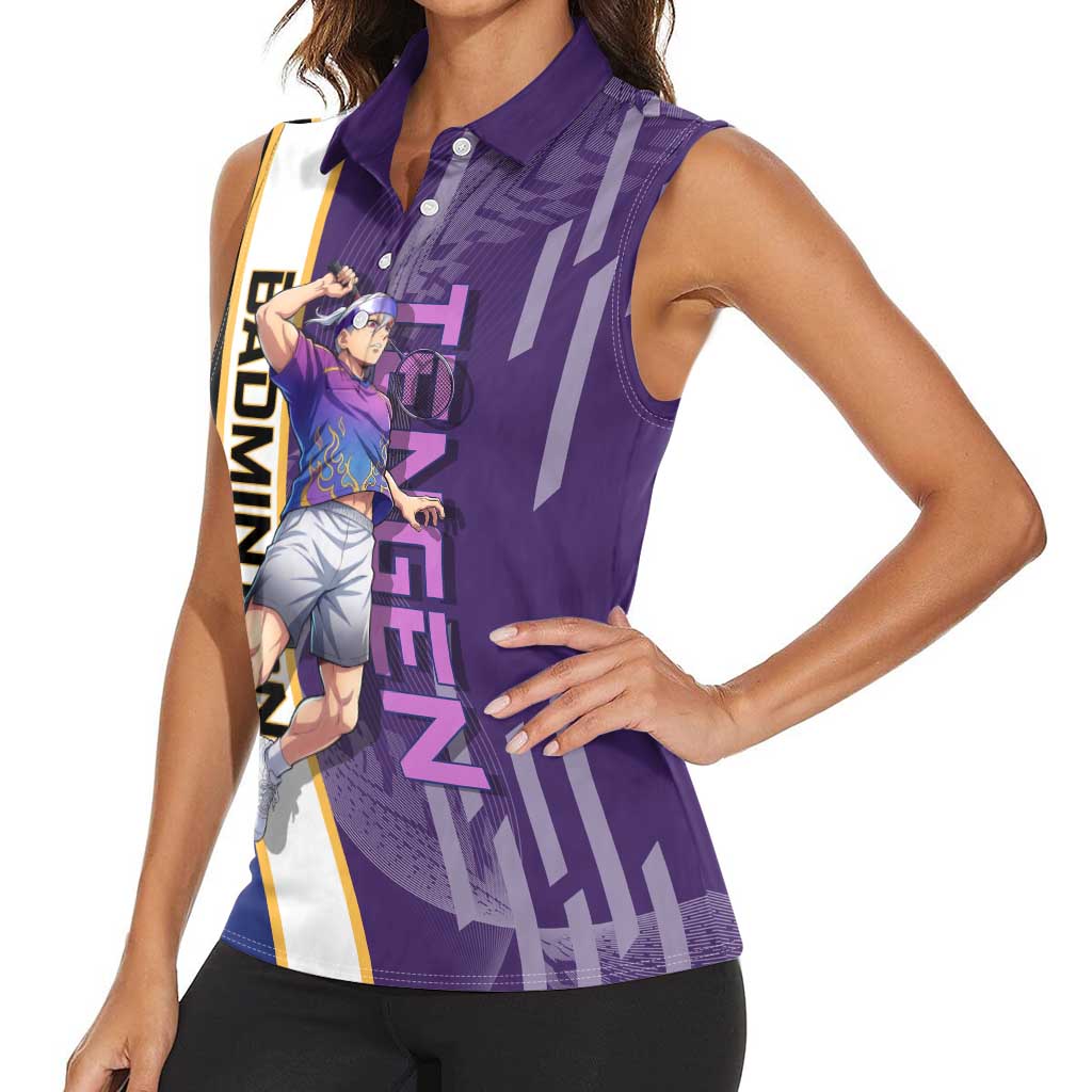 Personalized Tengen Uzui Demon Slayer Badminton Women Sleeveless Polo Shirt with Racket Action Pose and Purple Black Graphic Design - The Mazicc