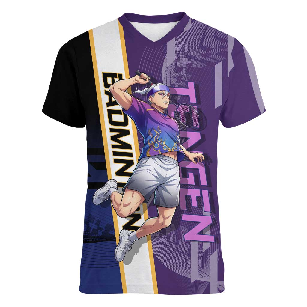 Personalized Tengen Uzui Demon Slayer Badminton Women V-Neck T-Shirt with Racket Action Pose and Purple Black Graphic Design - The Mazicc
