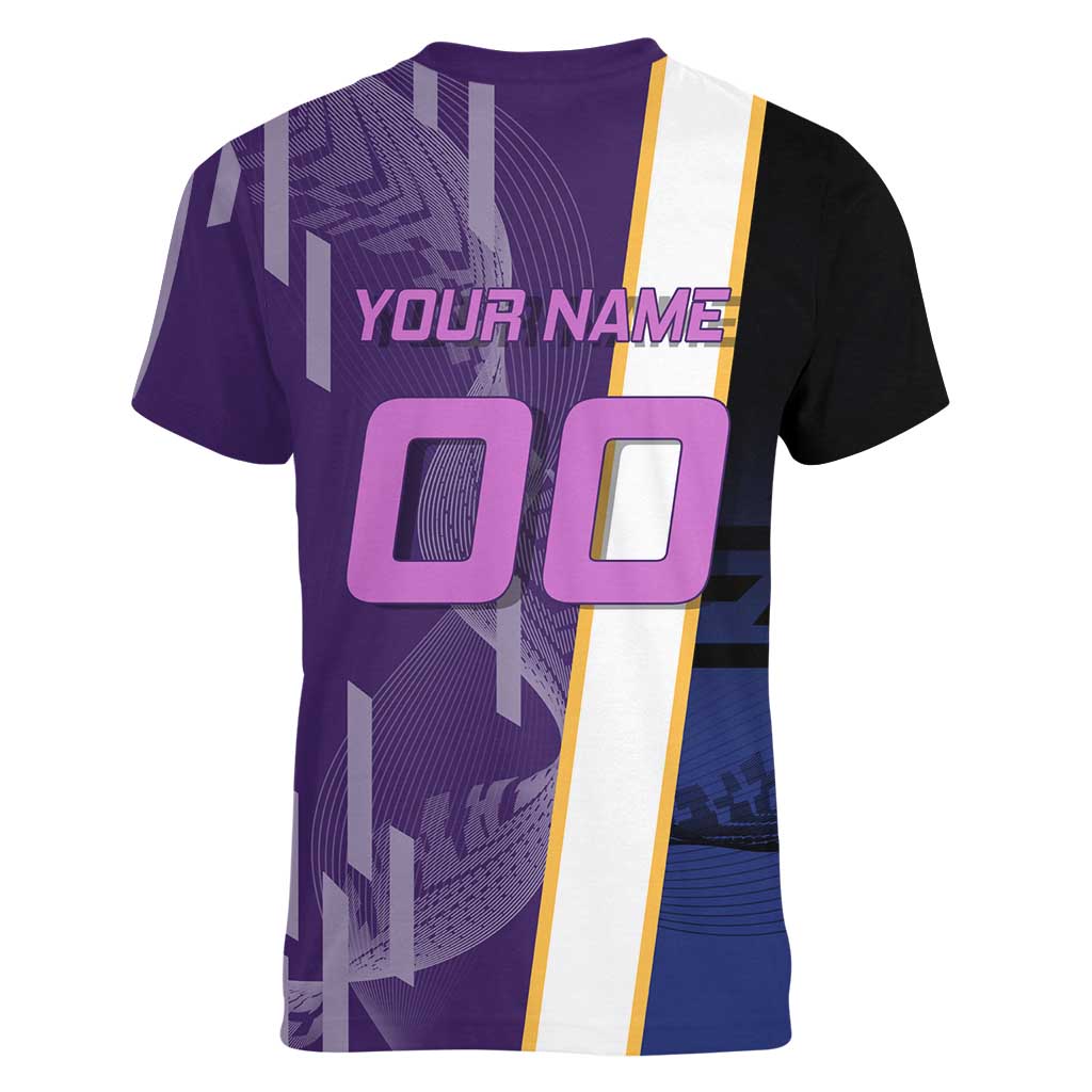 Personalized Tengen Uzui Demon Slayer Badminton Women V-Neck T-Shirt with Racket Action Pose and Purple Black Graphic Design - The Mazicc