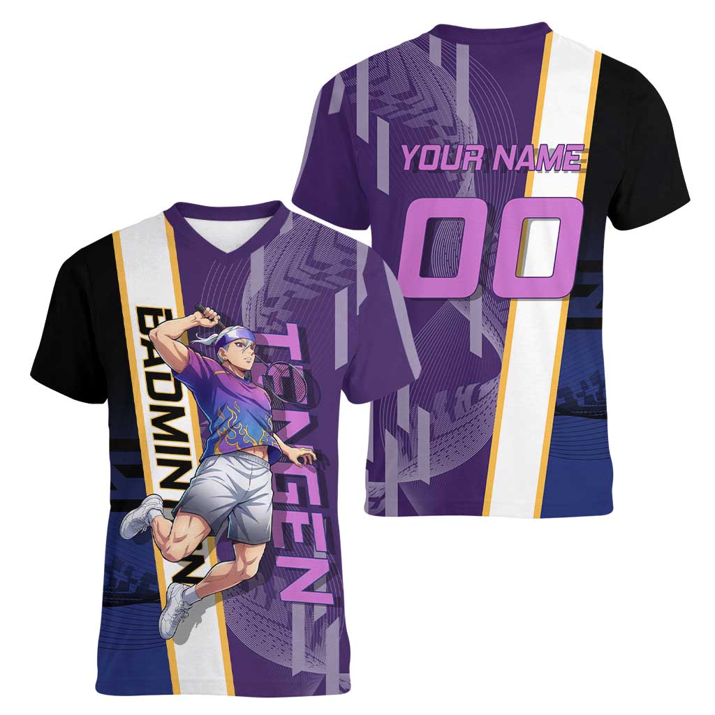 Personalized Tengen Uzui Demon Slayer Badminton Women V-Neck T-Shirt with Racket Action Pose and Purple Black Graphic Design - The Mazicc
