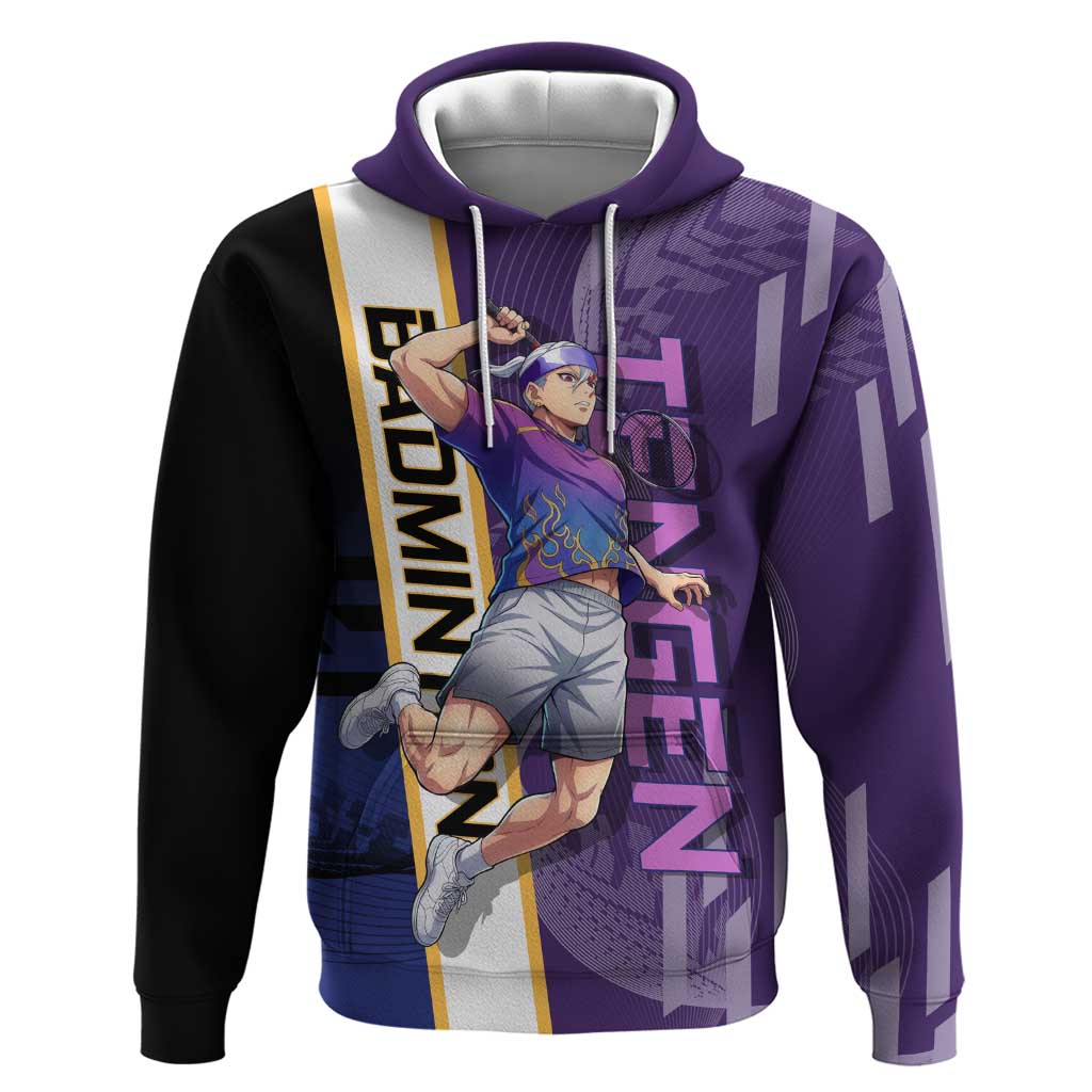 Personalized Tengen Uzui Demon Slayer Badminton Zip Hoodie with Racket Action Pose and Purple Black Graphic Design - The Mazicc