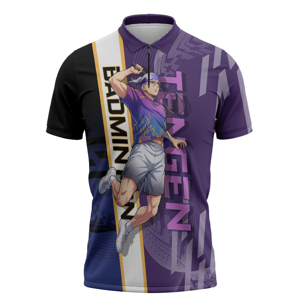 Personalized Tengen Uzui Demon Slayer Badminton Zipper Polo Shirt with Racket Action Pose and Purple Black Graphic Design - The Mazicc