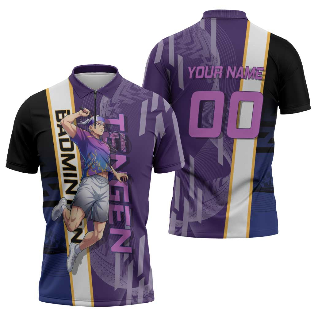 Personalized Tengen Uzui Demon Slayer Badminton Zipper Polo Shirt with Racket Action Pose and Purple Black Graphic Design - The Mazicc