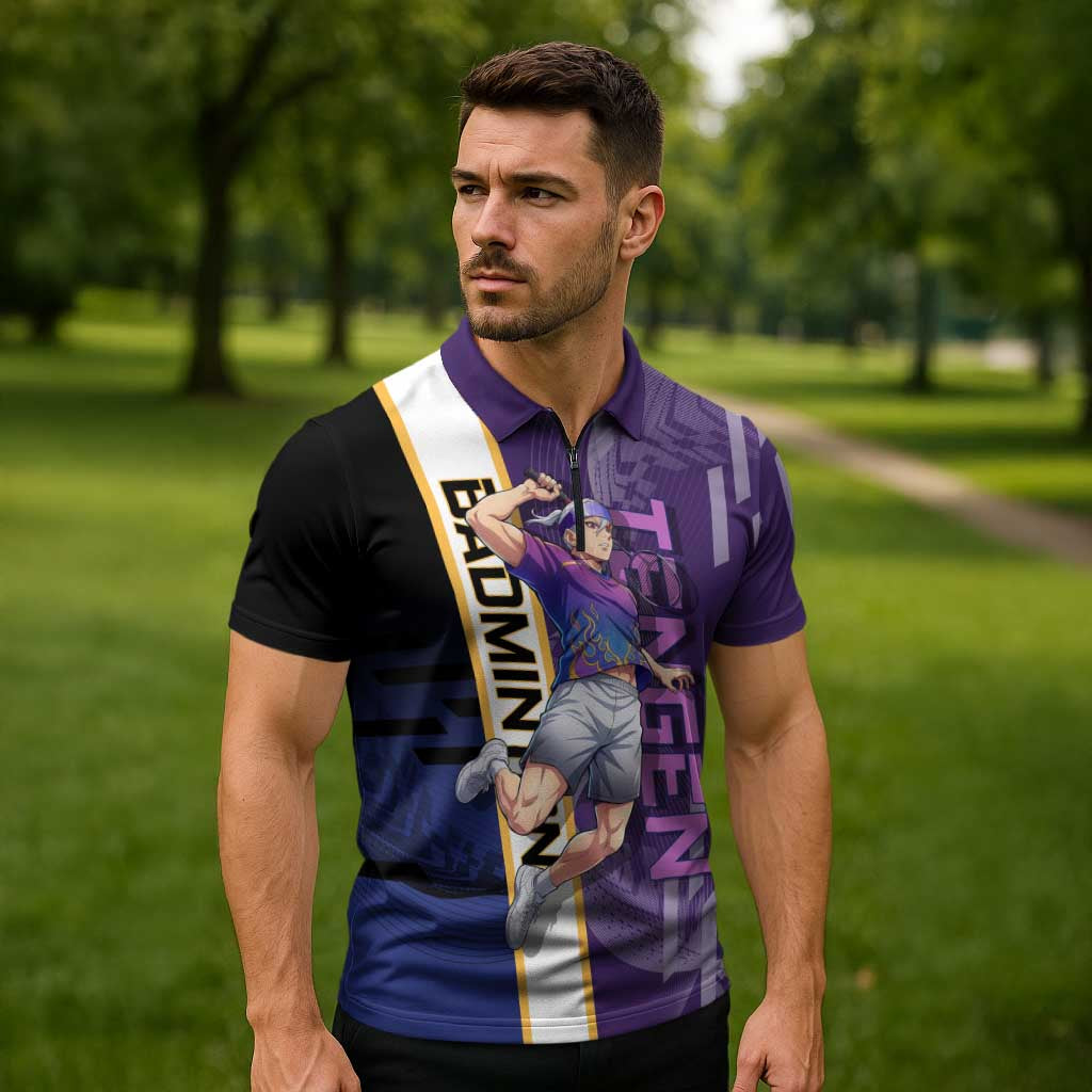 Personalized Tengen Uzui Demon Slayer Badminton Zipper Polo Shirt with Racket Action Pose and Purple Black Graphic Design - The Mazicc