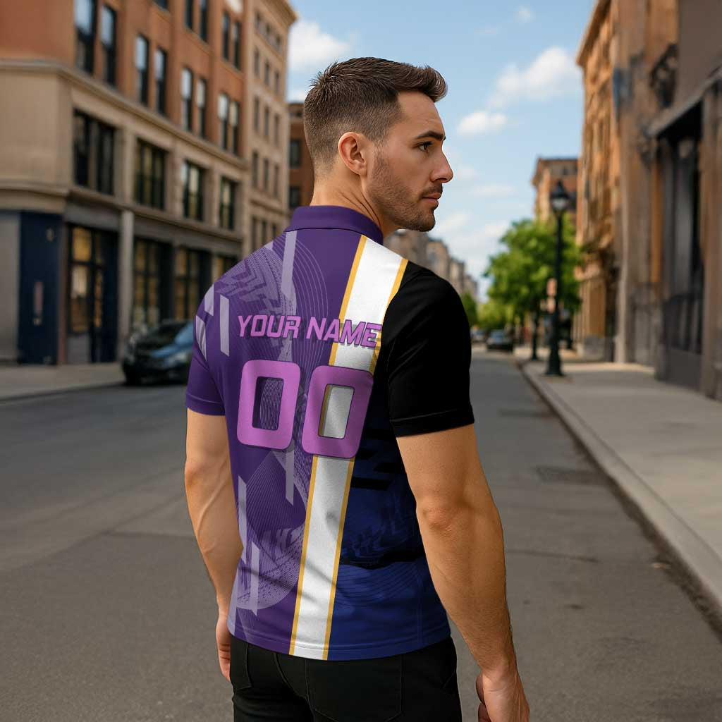Personalized Tengen Uzui Demon Slayer Badminton Zipper Polo Shirt with Racket Action Pose and Purple Black Graphic Design - The Mazicc