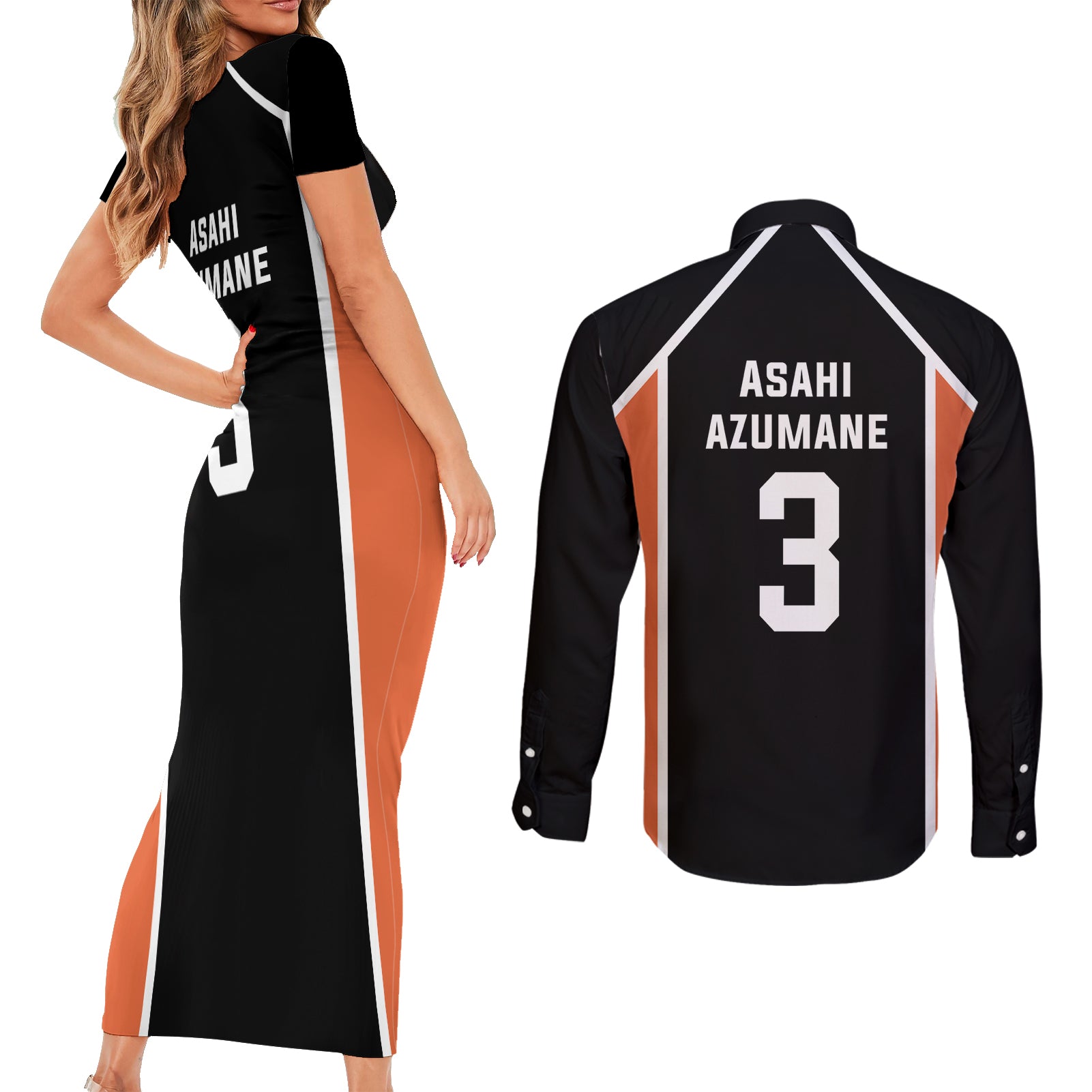Karasuno Asahi Azumane Couples Matching Short Sleeve Bodycon Dress and Long Sleeve Button Shirt
