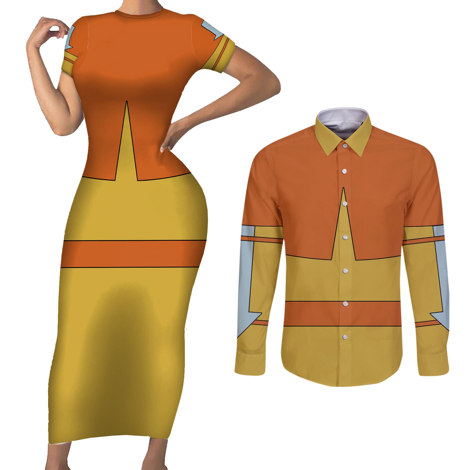 Avatar Aang Couples Matching Short Sleeve Bodycon Dress and Long Sleeve Button Shirt