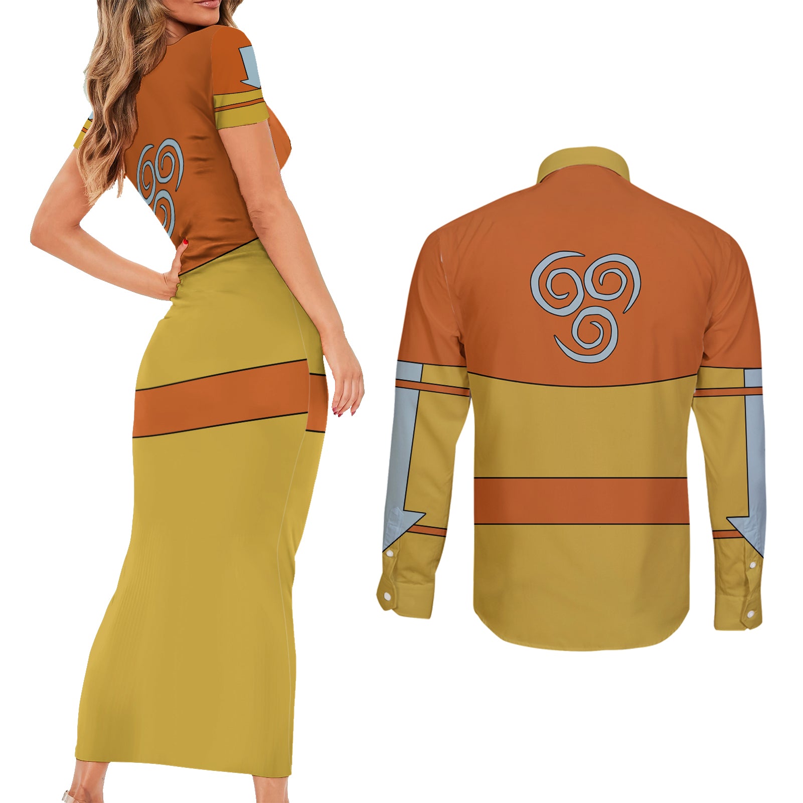 Avatar Aang Couples Matching Short Sleeve Bodycon Dress and Long Sleeve Button Shirt