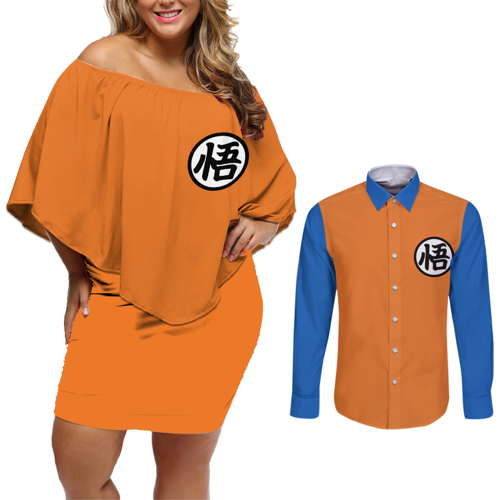 Goku Kanji Symbol Dragon Ball Anime Couples Matching Off Shoulder Short Dress and Long Sleeve Button Shirt